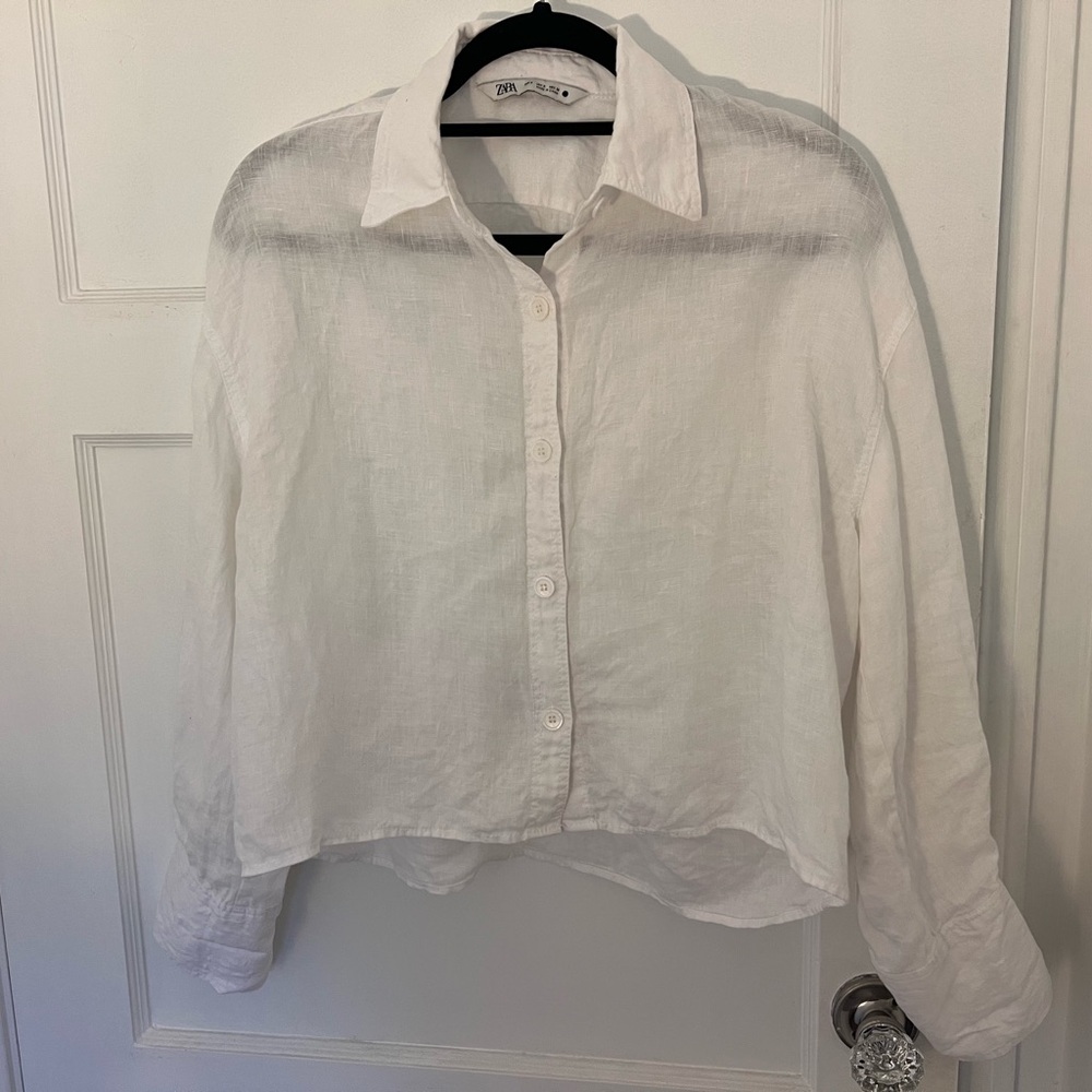 Zara White Cropped Linen Button-Up Shirt - Size Small